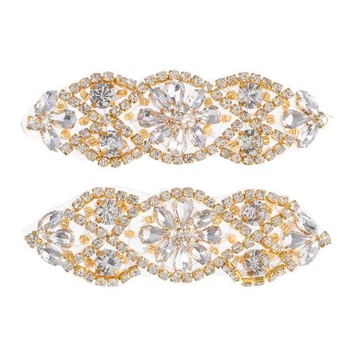 Healeved Cinturón de Boda para Mujer Cosido y Fijado Calor Apliques de Cristal Dorado 2 Piezas, Adecuado para Vestidos de Novia y Fiesta