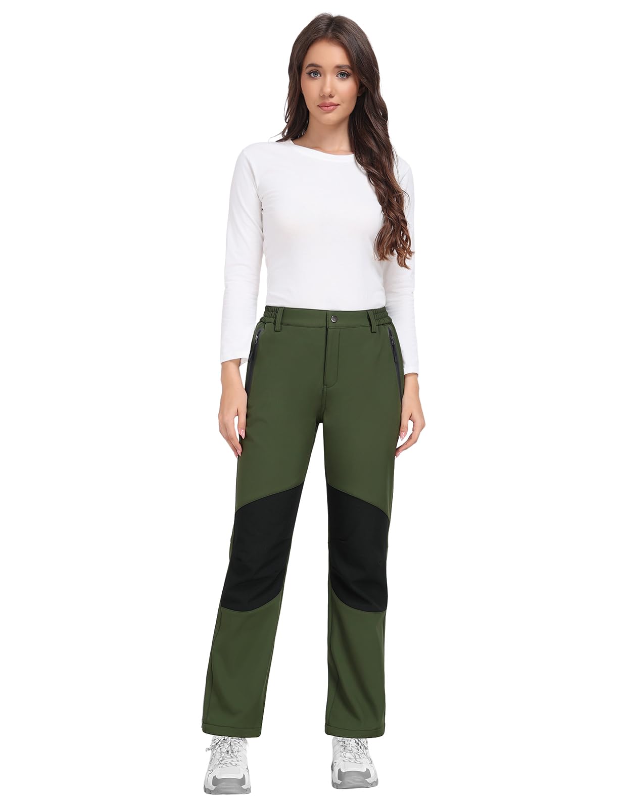 Pantalones Trekking Mujer Invierno Impermeables Pantalones Termicos Cintura Elástica con Forro Polar Softshell Pantalones Montaña Esqui Senderismo Trabajo