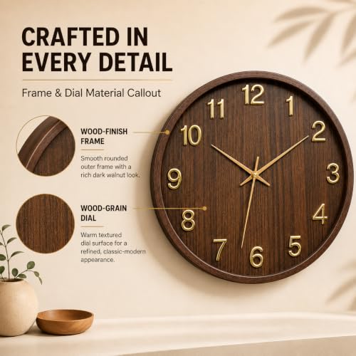 Image of STAR WORK 14 inch Inch Silent Wall Clock - Wood Finish Analog Clock with Gold Numerals, Non-Ticking Quartz Movement, Modern Decorative Wall Clock for Living Room, Bedroom & Office. (Brown 14-inch (35cm)