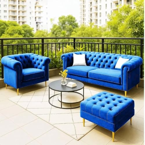 Image of Classic 3+1= 4 Seater with Footrest Seater Sofa Set Luxury Chesterfield Modern Fahionalable Sleeper Sofa for Living Room, Dining Room, (Blue A1)
