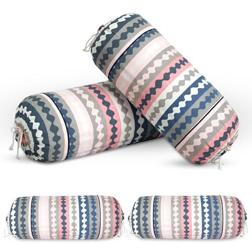 Image of GLUN Pack of 4 Zig Zag Multicolour Round Striped Bolster Pillow Covers, Size 16 inch x 30 inch (40 x 75 cm, Cream) Printed Polyester Silk Fabric for Living Room or Bedroom, Stylish & Modern Covers