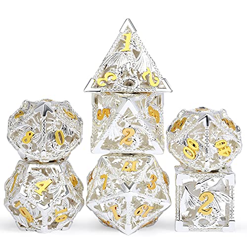 DNDND-Dragon-Metal-Dice-Set-DD-7-PCS-Hollow-Die-with-Metal-Gift-Case-for-DND-Dungeons-and-Dragon-Game-Silver-with-Gold-Number