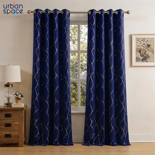 Image of Urban Space 80-85% True Blackout Curtains for Door, Gold Foil Printed Blackout Curtains, Blackout Decorative Door Curtain Eyelet with Tieback, 1 Piece Curtain for Living Room(Wave Navy Blue, 7 Feet)
