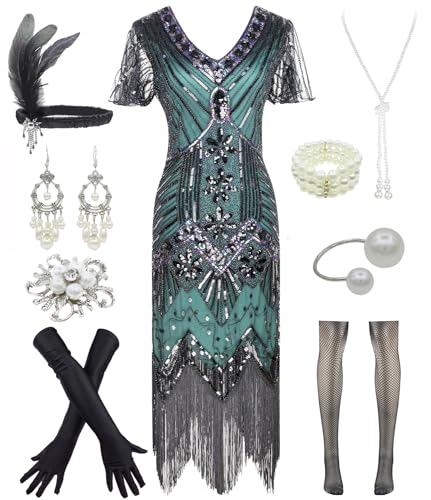 Women 1920s Gatsby Vintage Sequin Flapper Fringe Party Plus Dress with 20s Accessories Set