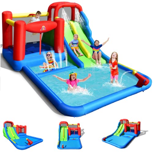 BOUNTECH Inflatable Water Slide, 7-in-1 Dual Slides Kids Water Park Jump Castle, Water Slides Inflatables for Outdoor w/Big Splash Pool, Water Cannon, Kids Backyard Party Water Slide Bounce House
