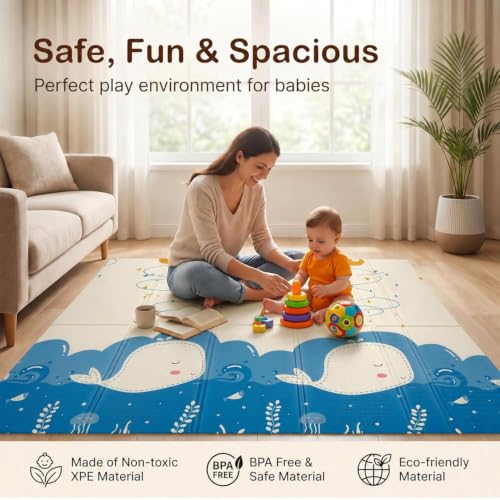 Image of StarAndDaisy Foldable Baby Play Mat 6 x 6.5 ft, 8MM Thick XPE Foam Playmat, Reversible 2-in-1 Design, Lightweight Cushioned Floor Mat for Crawling, Playing & Learning