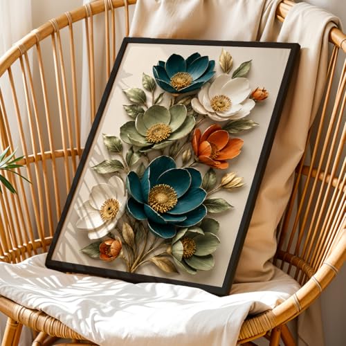 Image of NoWorries 3D Floral Wall Painting with Frame Set of 1 | Premium Textured Teal White Orange Flower Artwork, Luxury Botanical Nature Wall Decor for Living Room, Bedroom, Office and Home Decoration (3d Art-13,17x25inch)