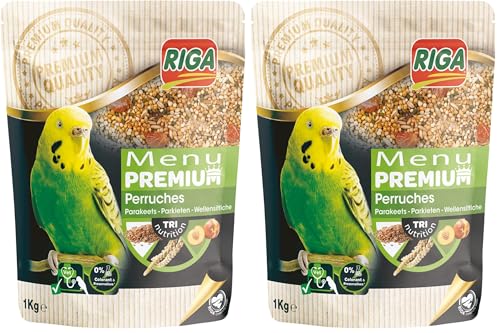 Riga - Menú Premium para Periquitos - Mezcla de Semillas, Cereales y Proteínas Vegetales - Concepto Tri-Nutricional - Ayuda al Funcionamiento Intestinal Óptimo - 1 kg (Paquete de 2)