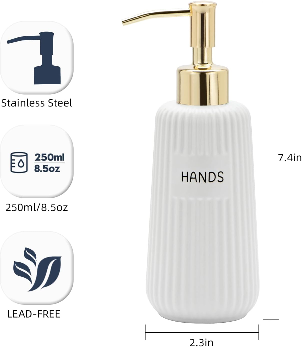 Kitchen Soap Dispenser Set with Gold Stainless Steel Pump and Funnel, Modern Ceramic Refillable Hand and Dish Soap Dispenser Set for Kitchen, Bathroom, Office, Hotel, Matte White - Image 4