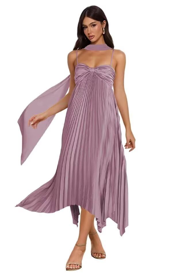 Satin Bridesmaid Dresses with Scarf Spaghetti Straps Wedding Guest Cocktail Dress Pleated Formal Midi Gowns