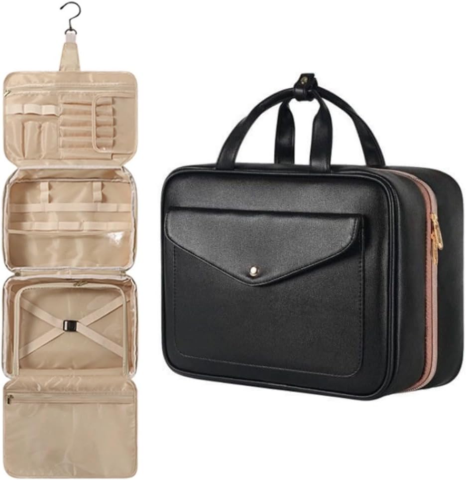 Portable Travel Toiletry Bag for Women Make Up Organizer with Hanging Hook Waterproof PU Leather Cosmetic Bags with 4 Compartments 13 * 9 * 5 Inches Black