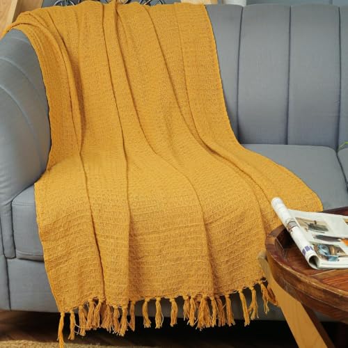 Image of 100% Cotton Waffle Weave Sofa Throw Blanket 50x60 Inches or 125x150 cms Lightweight, Soft & Breathable Couch, Bed or Chair Throw Blanket for Living or Bedroom, Mustard