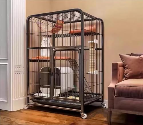 DUANLVLF 猫ケージ キャットケージ 大型猫用 多頭飼いに適す 鉄メッシュ製 防錆コーティング 頑丈で脱走防止 キャスター付き移動便利 組み立て簡単 掃除容易 室内屋外両用 留守番保護や遊び休憩に 子犬ウサギも使用可能(Black,78*52*109