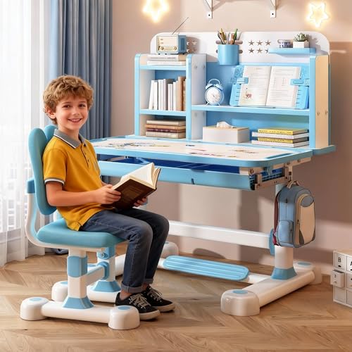 cukoekim Juego de escritorio y silla para niños, diseño de altura ajustable, escritorio de estudio ergonómico con silla, escritorio de aprendizaje con cajón de almacenamiento, soporte para libros
