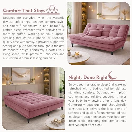 Image of Modern 3 Seater Sofa Cum Bed | Tufted Backrest | Velevt Fabric Upholstery | Living Room Furniture-Rose Pink
