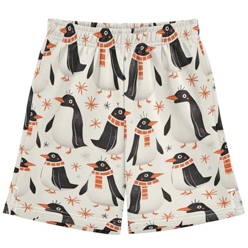 Boys Athletic Shorts with Pockets Penguin Orange Scarf Running Basketball Shorts for Youth Elastic Waist Size 7-8