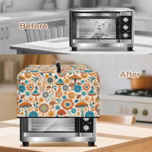 Image of Convection Oven Cover, Dust Proof Smart Microwave Oven Protector for Fall Decorations, L, 20.9 x 15.7 x 12.4 Inches, Mushroom Floral Daisy Beige Orange