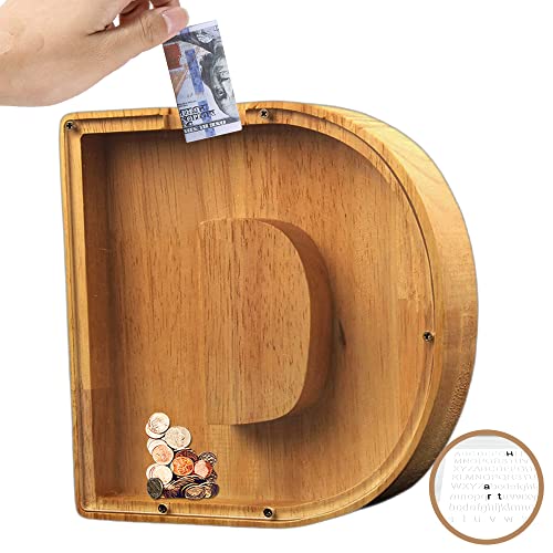 Image of Piggy-Bank for Kids Boys Girls Large Piggy Banks 26 English Alphabet Letter,Personalized Wooden,Transparent Money Saving Box Custom Text Name DIY Creative Gift for Real-Money (D)