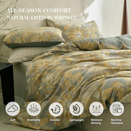 Simple&Opulence Muslin Duvet Cover Set King Size, 100% Washed Cotton 3 Pieces Yarn-Dyed Vintage Yellow Floral Jacquard Textured Bedding, Soft & Breathable Gauze Comforter Cover with Zipper Closure - Image 3