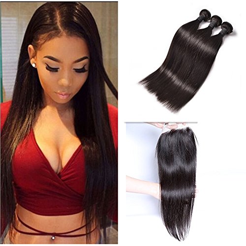 Perstar Hair Brazilian Straight Virgin Hair with Closure 3 Bundles with lace closure 7A grade Human hair bundles with free part lace closure (20 22 24 + 20 free part, Natural Color)