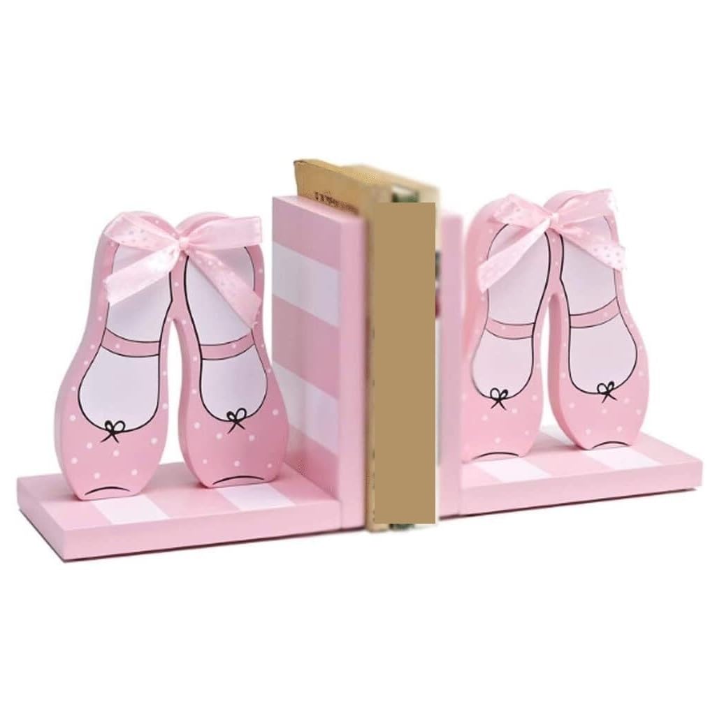Sujetalibros de madera con zapatos de baile rosa para estanterías infantiles