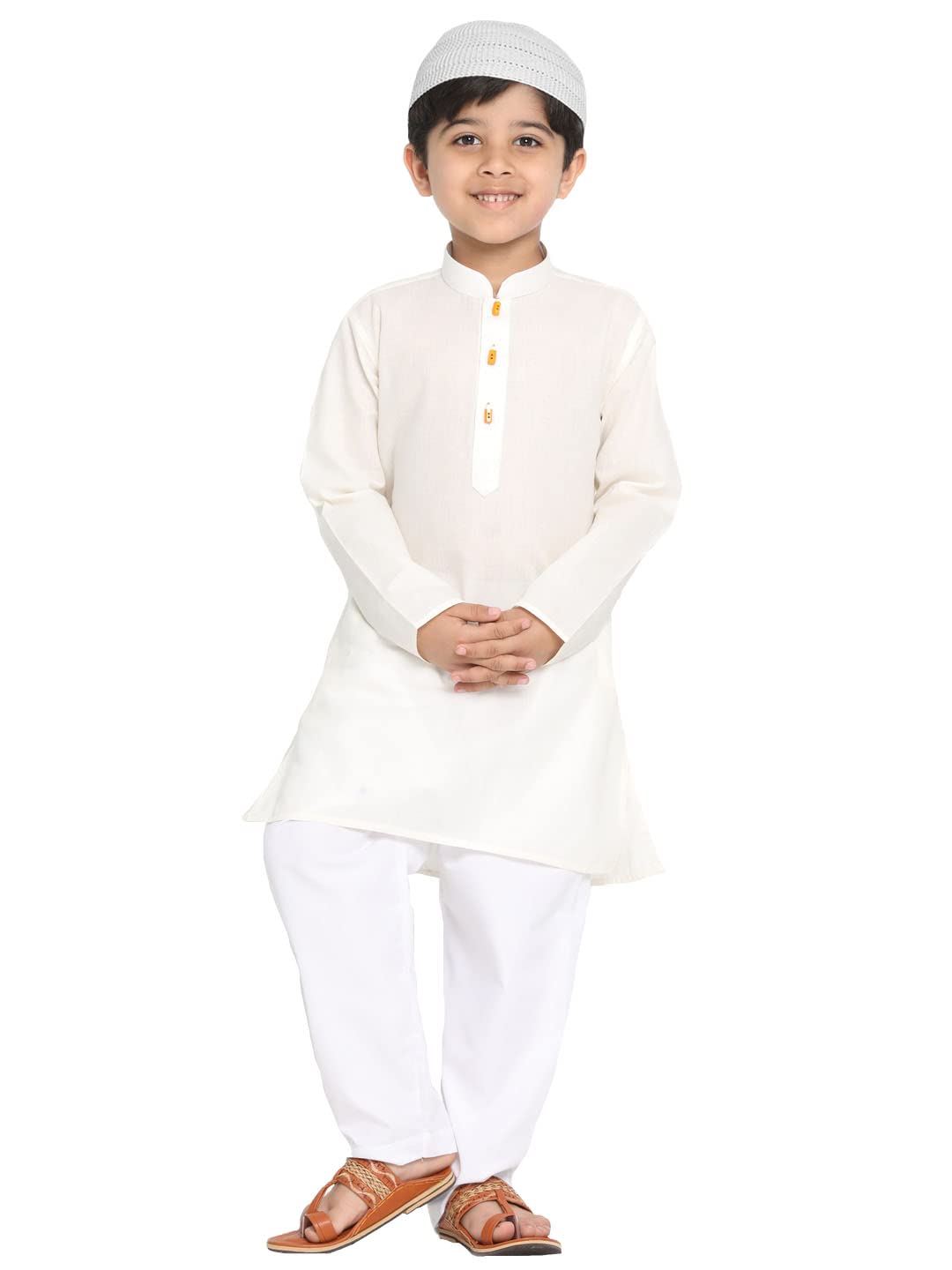 Jbn Creation Boys' Cream Cotton Blend Kurta Pyjama And Cap Set