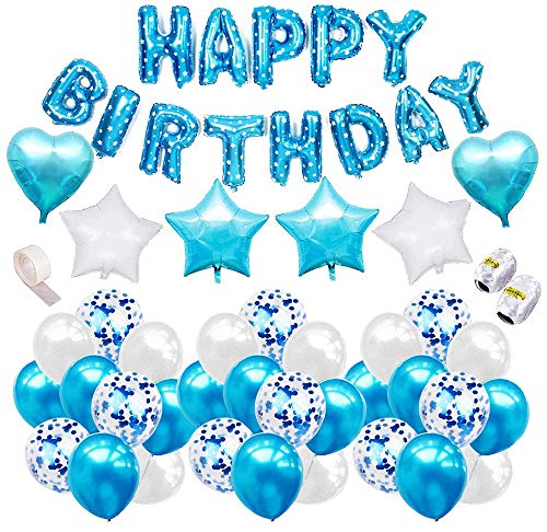 Comius Sharp 52 Pièces Anniversaire Bleu Décoration Ballons en Latex, Ballons en Chiffre étoile et Coeur, Joyeux Anniversaire Bleu Lettres Bannière avec Rouleaux de Ruban, pour Décoration de Fête