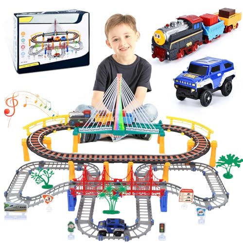 JONRRYIN Kinder Eisenbahnschiene Zug Spielzeug Set, Autorennbahn Spielzeug mit Zug&Autobahnautos, f&uuml;r Kinder 5 6 7 8 10+Jahre Geschenk (102 St&uuml;ck)