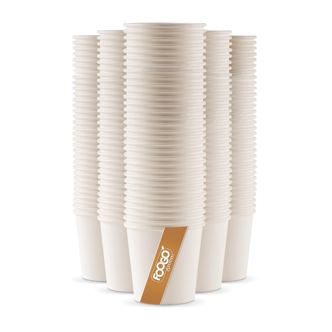 FOOGO Green 300pcs 4oz Disposable Strong Single-Wall White Paper Coffee Cups, FSC® Certified, Fully Compostable, Takeaway, Paper Cups for Hot Drinks, Parties, Eco-Friendly