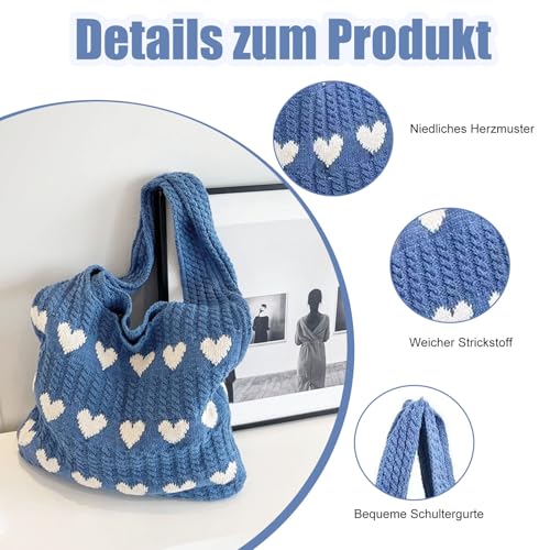 dogmoon Gestrickte UmhäNgetasche, Aesthetic Gehäkelte Tasche Crochet Bag, Damen GestrickteTasche, Leichte Strick-Tote Tasche für Teenager Und MäDchen(Blau)