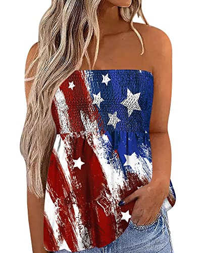 Photo 1 of For G and PL 4th of July Womens Strapless Smocked Bandeau Tube Tops Summer Blackless Tunic Shirts Pleated Tank Tops Large Us Flag LARGE