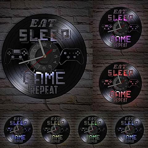Wwbqcl Eat Sleep Game Repeat Gamer Spruch Vinyl Record Wanduhr Jungen Spielzimmer Gaming Room Decor Gamepad Controller Handwerk Kunst Cover