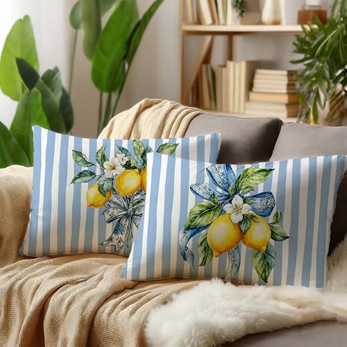 Image of Yellow and Blue Summer Italian Mediterranean Amalfi Coast Lemon Pillow Cover Decor 12x20,Italian Striped Decorative Throw Pillow Cover Decor for Couch Double-Sided Set of 2