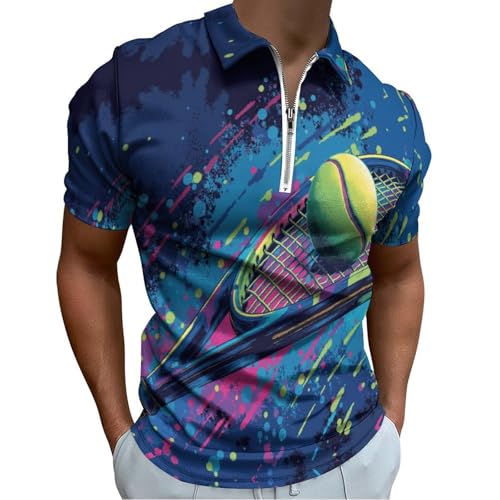 Polo homme manches courtes grande taille bleu avec col zippé et imprimé tennis chic casual