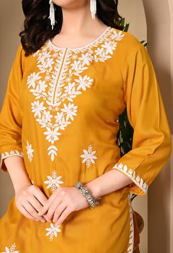 Image of LIBOZA Women's Chikankari Embroidered Short Kurti, Rayon Fabric, Three-Quarter Sleeves, Available in Pink, Black, Mustard Yellow, White, Pista and Green