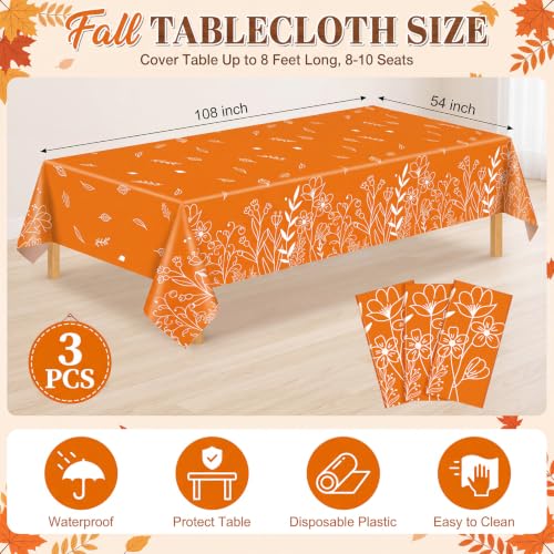 Image of 3 Pcs Fall Plastic Tablecloths, 54 X 108Inch Orange Line Floral Tablecloth