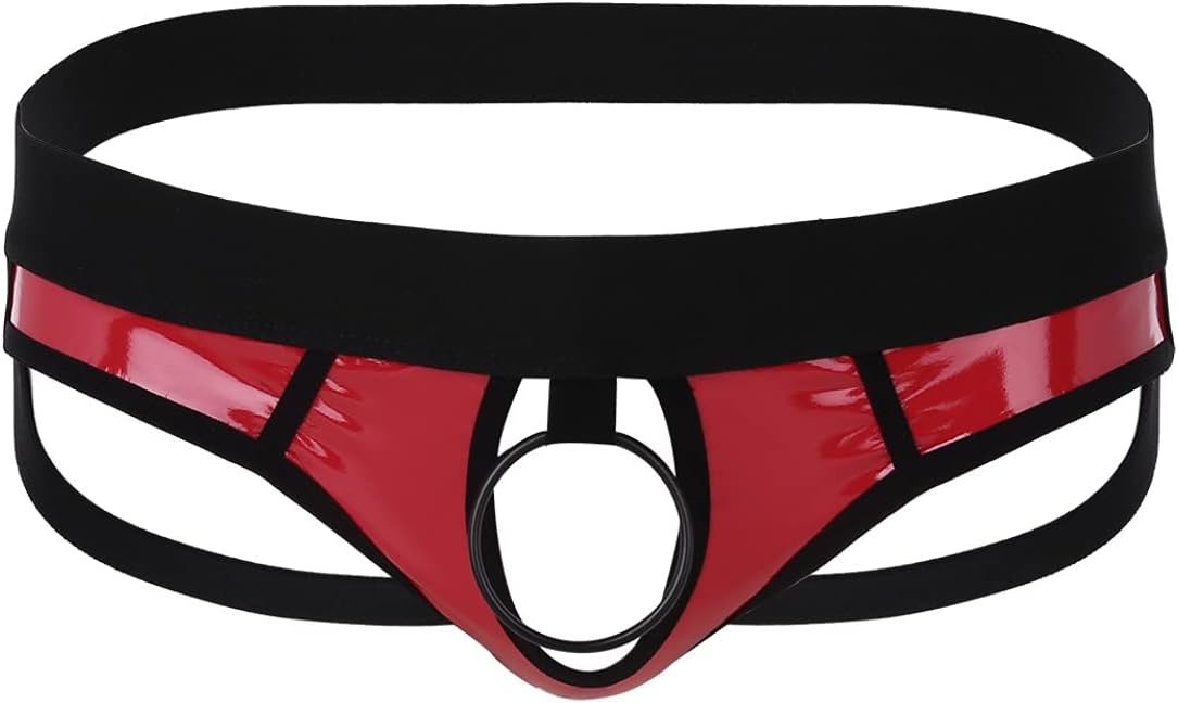 Mens Sexy Open Pouch Underwear Wetlook Faux Leather Panties Jockstrap Brief Thong G-strings