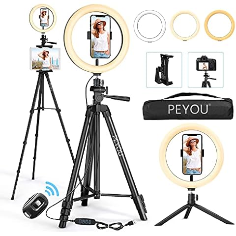 12" Selfie Ring Light with Tripod Stand & 4 Phone Tablet Holders, PEYOU 50" Ring Light with Tripod Stand with Remote Shutter, Selfie Ring Light for Live/Makeup/TiKTok/YouTube/Filming/Makeup Cover