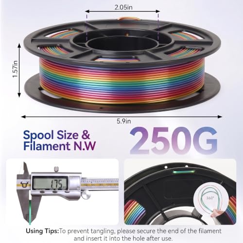 Image of 250G Silk PLA 3D Printer Filament 1.75mm,Candy Silk Rainbow,Multi Color 3D Printing Filament,rDimensional Accuracy + /- 0.03mm for Most FDM 3D Printers