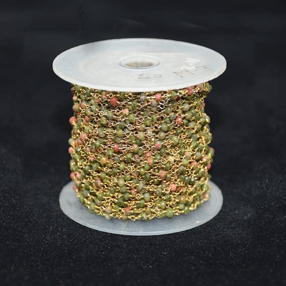 Chaîne rosaire unakite plaqué or 3mm en bobine pour création bijoux DIY