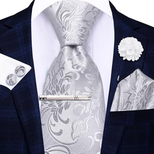 Image of Hi-Tie Silver Gray Ties for Men Set Floral Jacquard Necktie and Pocket Square Lapel Pin Silver Tie Clip Cufflinks Set Wedding Business 6PCS