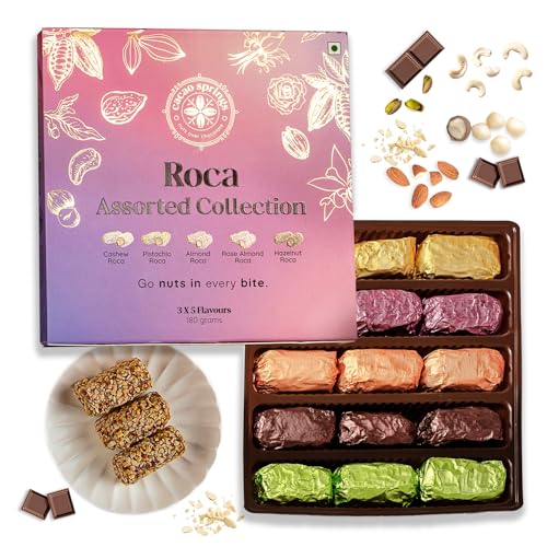 Image of Cacao Springs Assorted Roca Chocolates Combo (Almond, Cashew, Pista, Rose & Hazelnut), Premium Choco & Nut Delicacy Treats, Premium Gift Box for Christmas Gifts, 15 Pieces in Each Box, 1 Box, 180gm