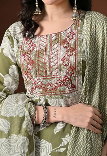 Image of Amazon Brand - Tavasya Women Cotton Anarkali Kurta Pant Dupatta Set | Printed Ethnic Suit Set | Flared Anarkali Kurta with Pant & Dupatta | Festive & Casual Wear