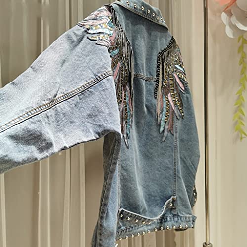 Geltdn Punk Rivet Blue Denim Jacket Women Metal Tassel Wings Embroidery Vintage Jeans Jackets Hipster Streetwear Hip Hop Slim Clothes (Color : Blue, Size : One Size) #TOP5