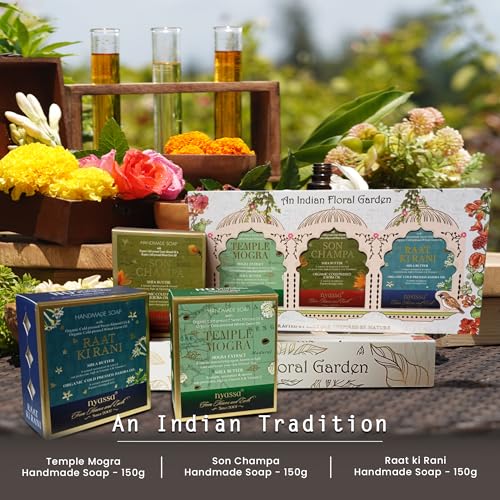 Image of Nyassa An Indian Floral Garden Collection Gift Set | 3 Handmade Natural Soaps - Son Champa, Temple Mogra & Raat Ki Rani | 150g Each | Raksha Bandhan Gifts for Sister, Women & Family | All Skin Types