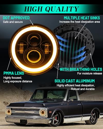 ZIMABLUE 7 inch led Headlight Round 2pc Projector 7 inch Halo led Headlight H6024 DOT Approved Hi/Lo Beam DRL Amber Turn Signal Compatible with Jeep Wrangler JK TJ CJ Compatible with Chevy and miata - Image 6