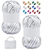 LEREATI Fettuccia per Borse a Uncinetto, 2x100g / 2x30m Fettuccia Metallica Elastica con Solo Lato, Cordino per Borse Uncinetto, Filato per Ferri Cestini, Cuscino, Fai da Te Mano (Argento)