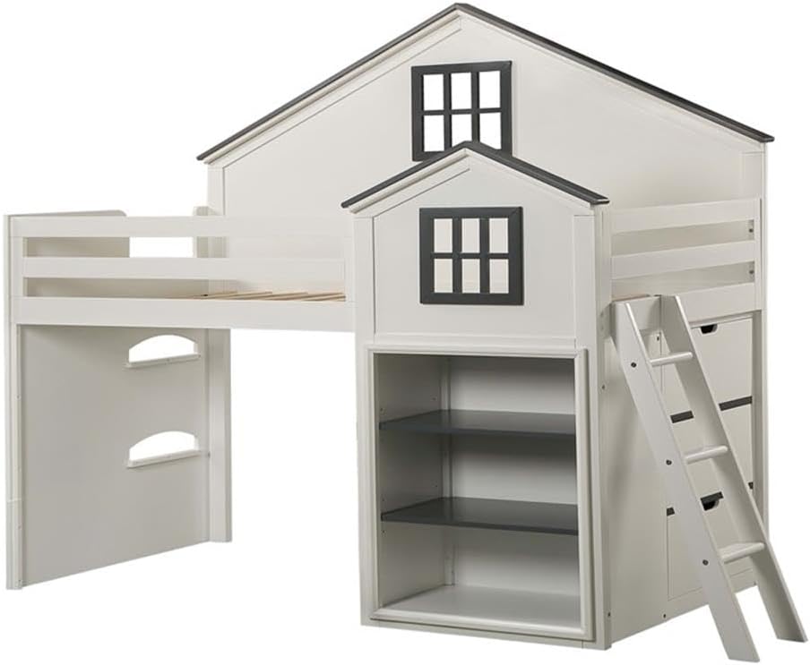 Bowery Hill Wood House-Shaped Loft Bed, 80"L x 44"W x 78"H, Built-In Bookshelf, White & Gray Finish, Pine & Plywood Construction, Windows, Removable Ladder, Fun Kids Bedroom Furniture for Storage &