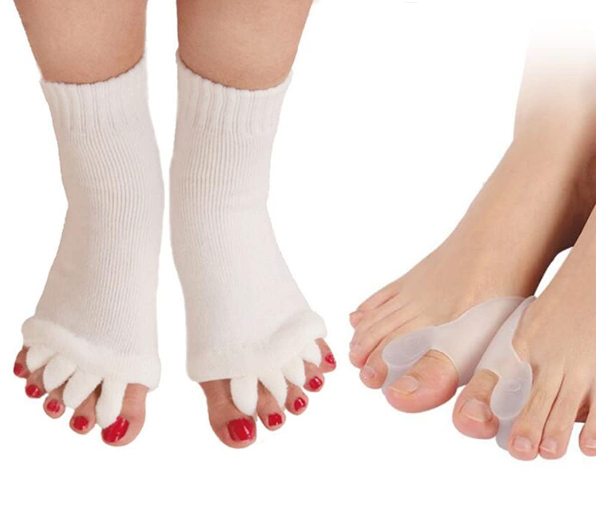 RuiChy Toe Separator Socks with Bunion Pads, Foot Alignment Socks Bunion Toe Socks Bunion Pads Corrector Yoga socks Toeless Socks for Women, White, One Size