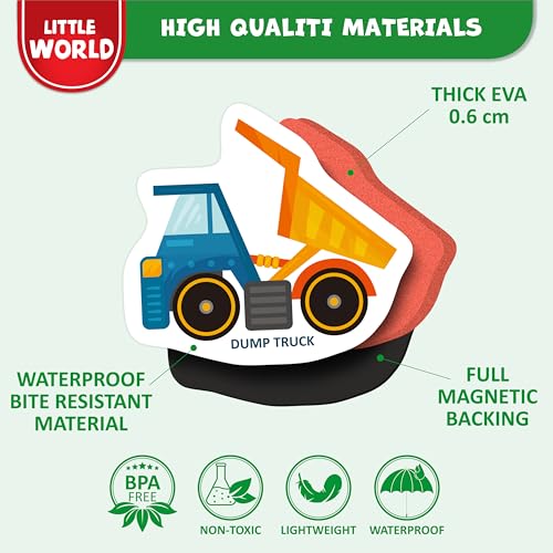 Little World 25 Fridge Magnets for Kids 1-3 years – Safe, Durable, Waterproof, Foam Toddler Fridge Magnets with Colorful Gift Box, Non-Toxic Vehicles and Professions Magnets for Children and Babies